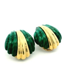1970s Sculptural Carved Malachite 18K Gold Statement Clip-On Earrings