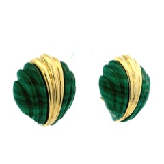 1970s Sculptural Carved Malachite 18K Gold Statement Clip-On Earrings
