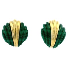 1970s Sculptural Carved Malachite 18K Gold Statement Clip-On Earrings