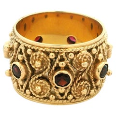 1970s Etruscan Revival 14K Gold Ruby Granulation Wide Band Ring
