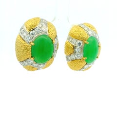 Circa 1970 18K Gold Jade and 3 Carat Diamond Sculptural Ear Clips