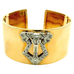 Art Deco Diamond Platinum and 14K Gold Wide Marriage Cuff Bracelet