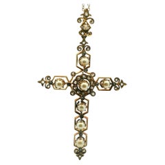 Victorian 14K Rose Gold Pearl and Old Mine Diamond Cross Pendant, circa 1890