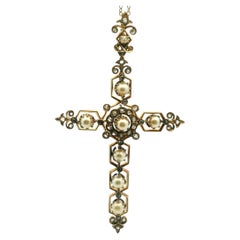 Victorian 14K Rose Gold Pearl and Old Mine Diamond Cross Pendant, circa 1890