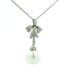 1980s American Platinum Diamond 18mm Baroque Pearl Drop Necklace