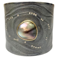 Michael Zobel Wide Cuff in Silver with Champagne Diamonds and Mabe Pearl