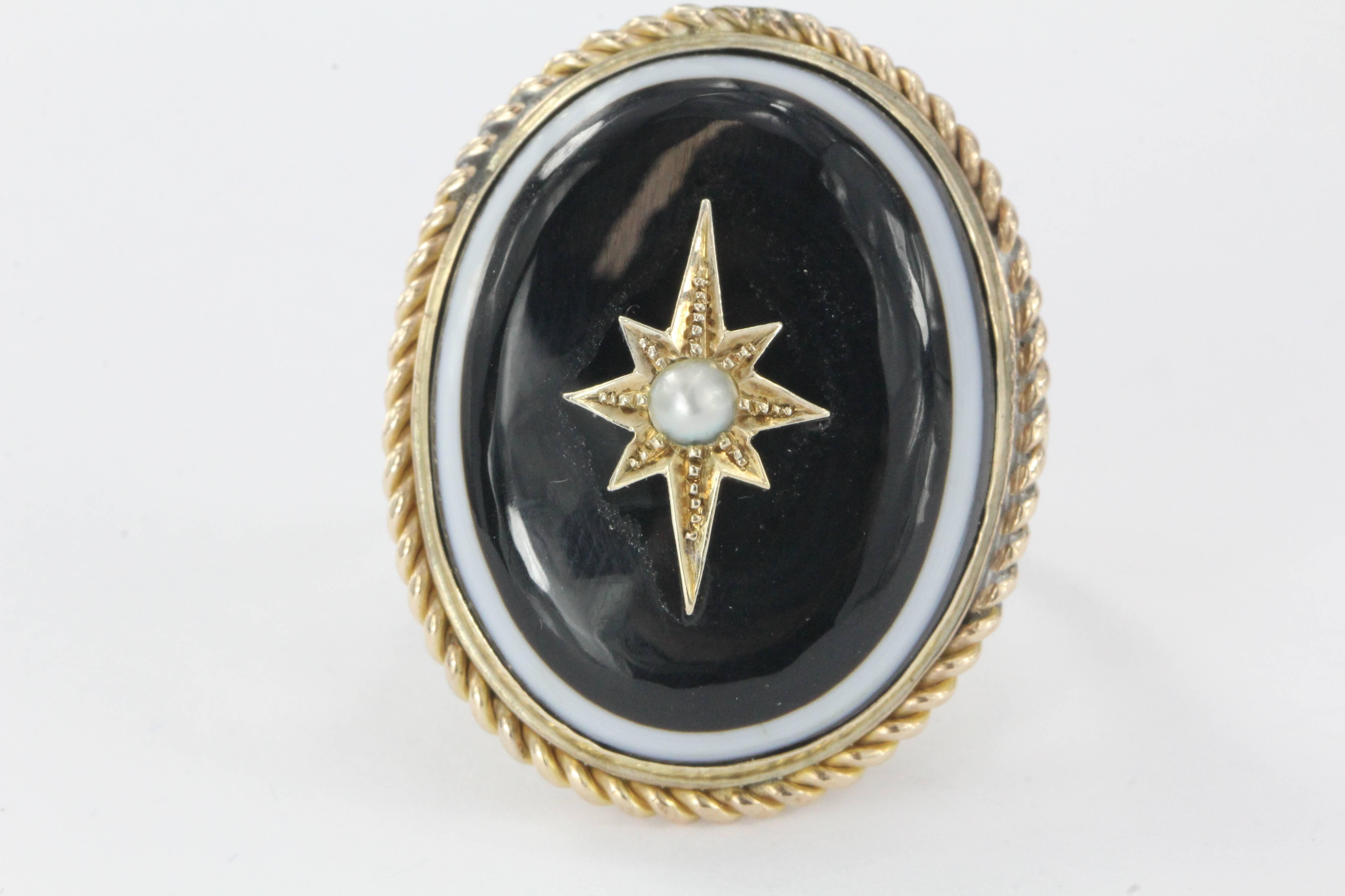 Antique Victorian & Gold Banded Agate Starburst Pearl Conversion Ring