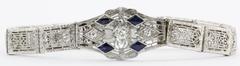 Antique Art Nouveau 14K White Gold Old Mine Cut Diamond & Sapphire Bracelet