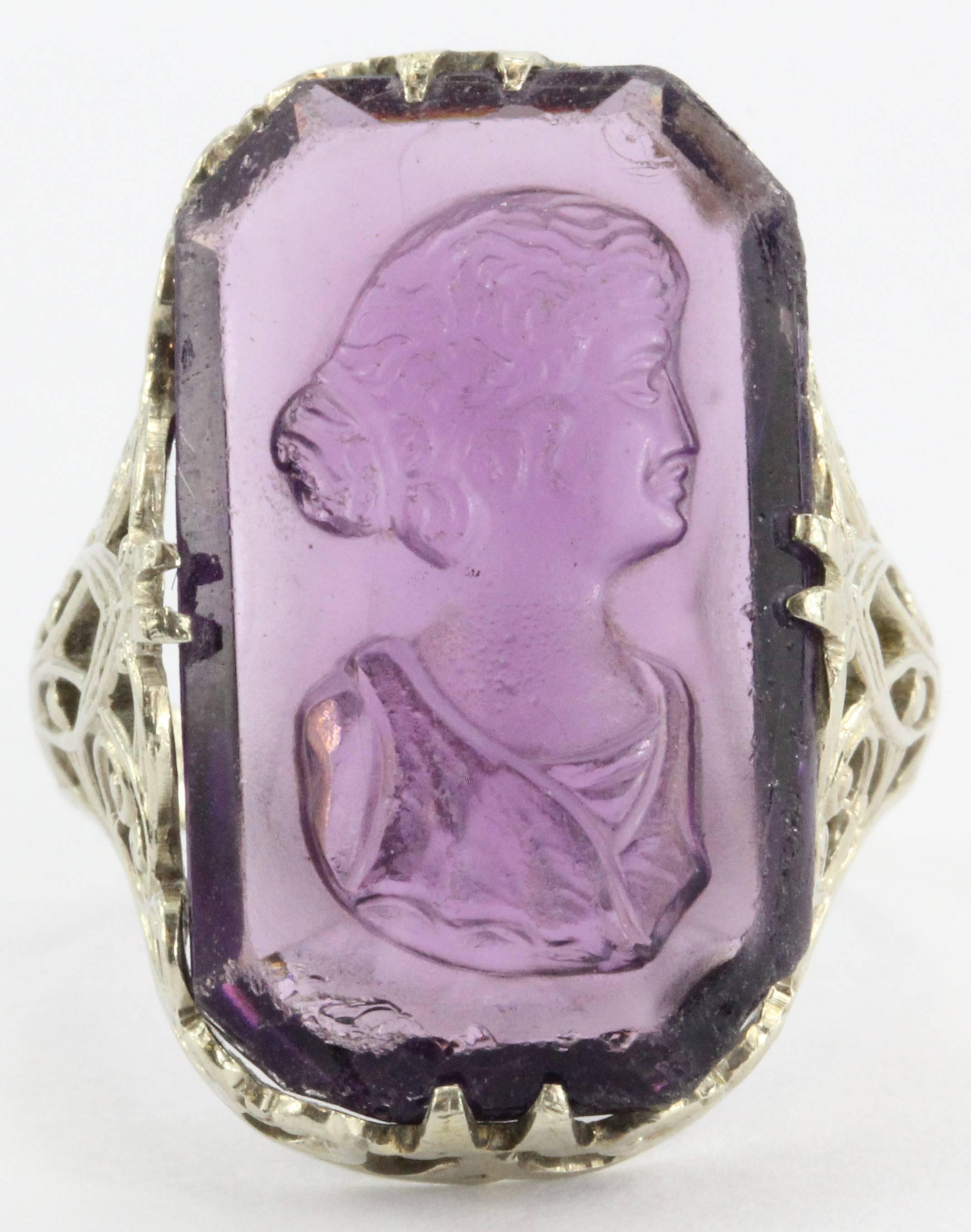 Antique Victorian 14K White Gold Purple Amethyst Glass Cameo Ring