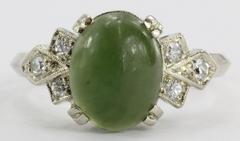 Antique Empire Art Deco 14K White Gold Green Chrysoprase & Diamond Ring