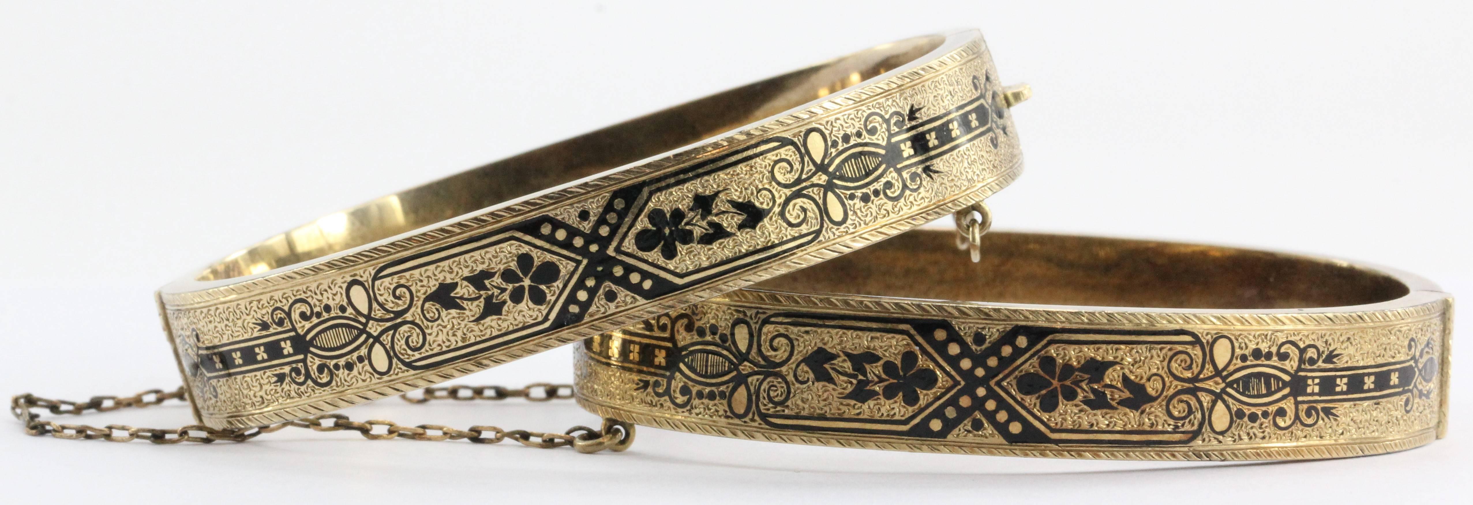  Pair of Matching Antique Victorian Enamel 14K Gold Bangle Bracelets