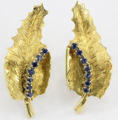 Vintage Mid Century Hollywood Regency 18K Gold & Sapphire Figural Leaf Earrings