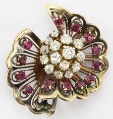 Vintage Hollywood Regency 14K Rose Gold Diamond & Ruby Fan Pendant
