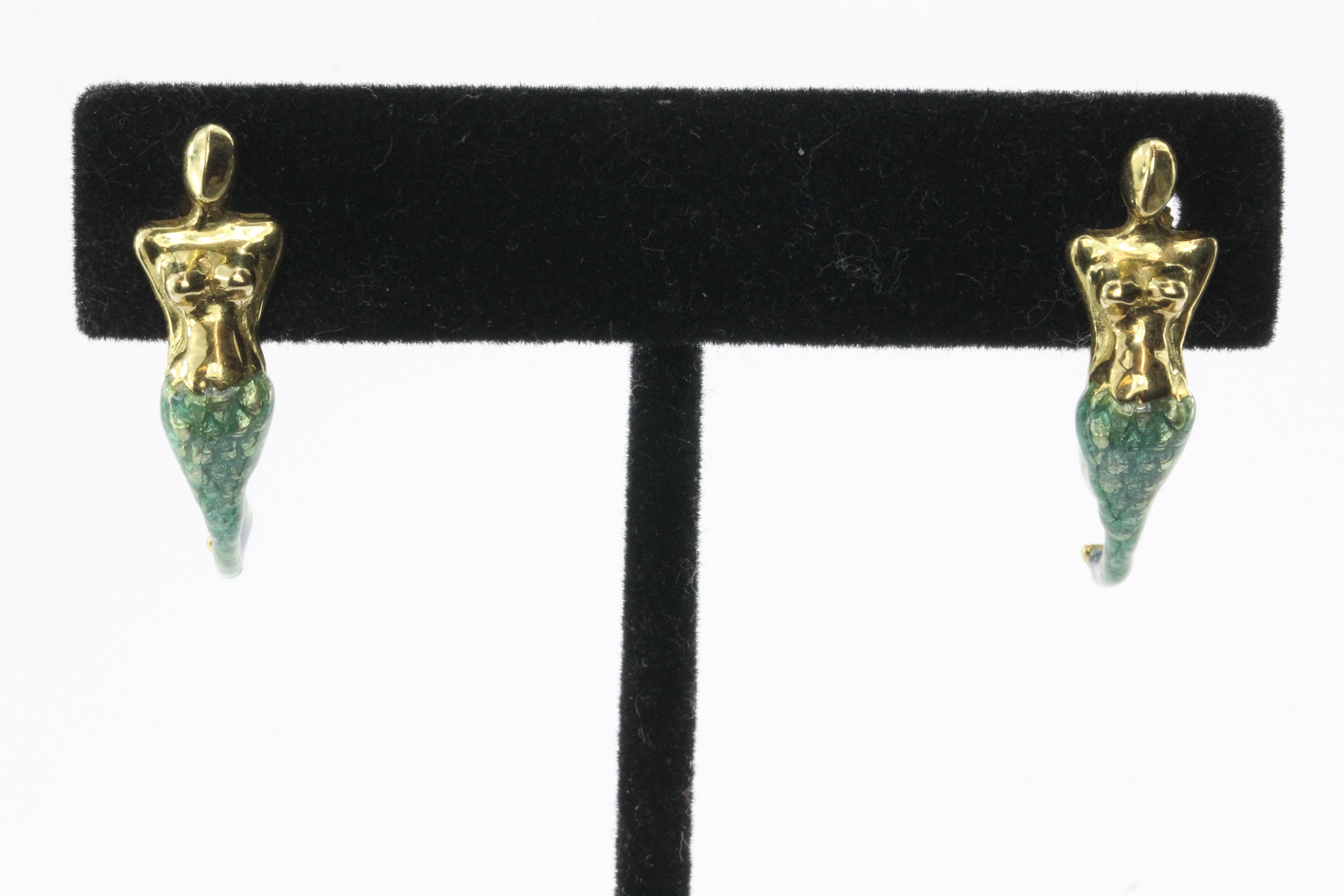 Custom Blue & Green Enamel Gold Figural Mermaid Earrings In Excellent Condition In Cape May, NJ