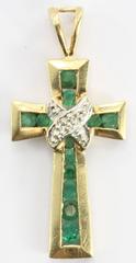Vintage 14K Gold Columbian Emerald & Diamond Cross Pendant