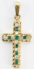 18K Gold Diamond & Emerald Cross Pendant