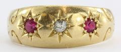 Antique Edwardian English 18K Gold Diamond & Ruby Gypsy Ring circa 1911
