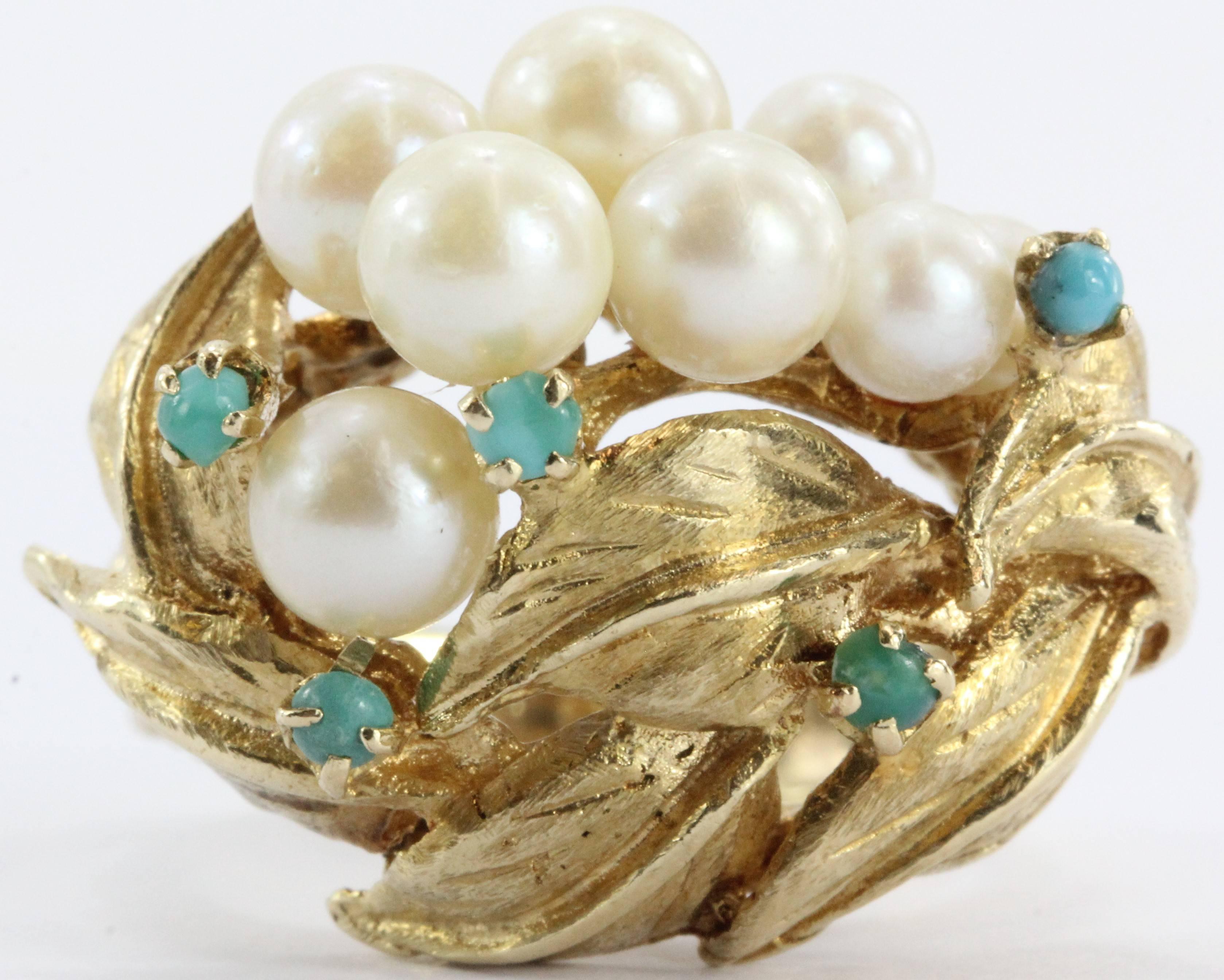 14K Gold Mid-Century Hollywood Regency Pearl 
Turquoise Grape Cluster Ring