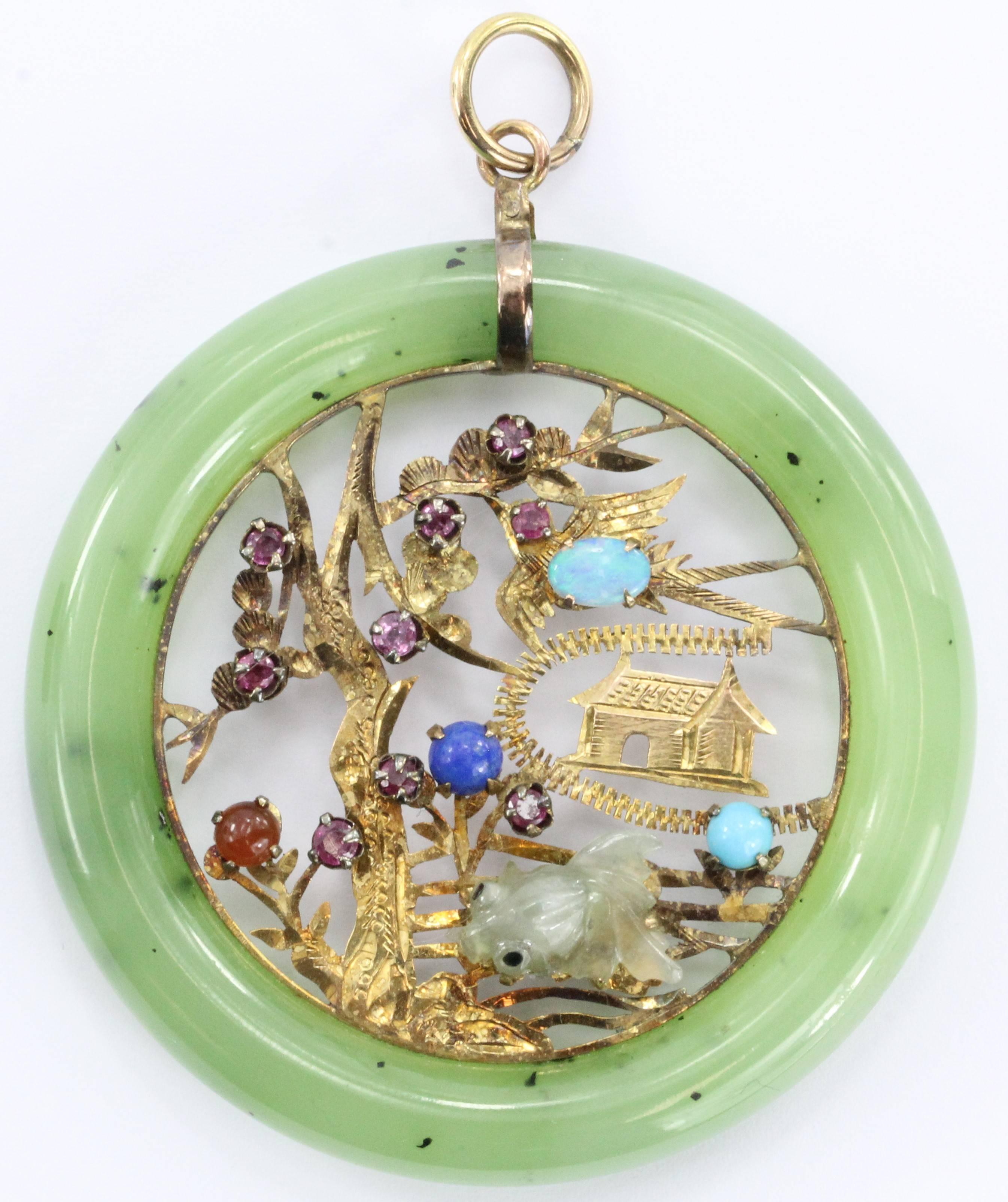Vintage 18K Gold Chinese Amulet / Pendant w/ Jade, Ruby, Opal, Turquoise etc