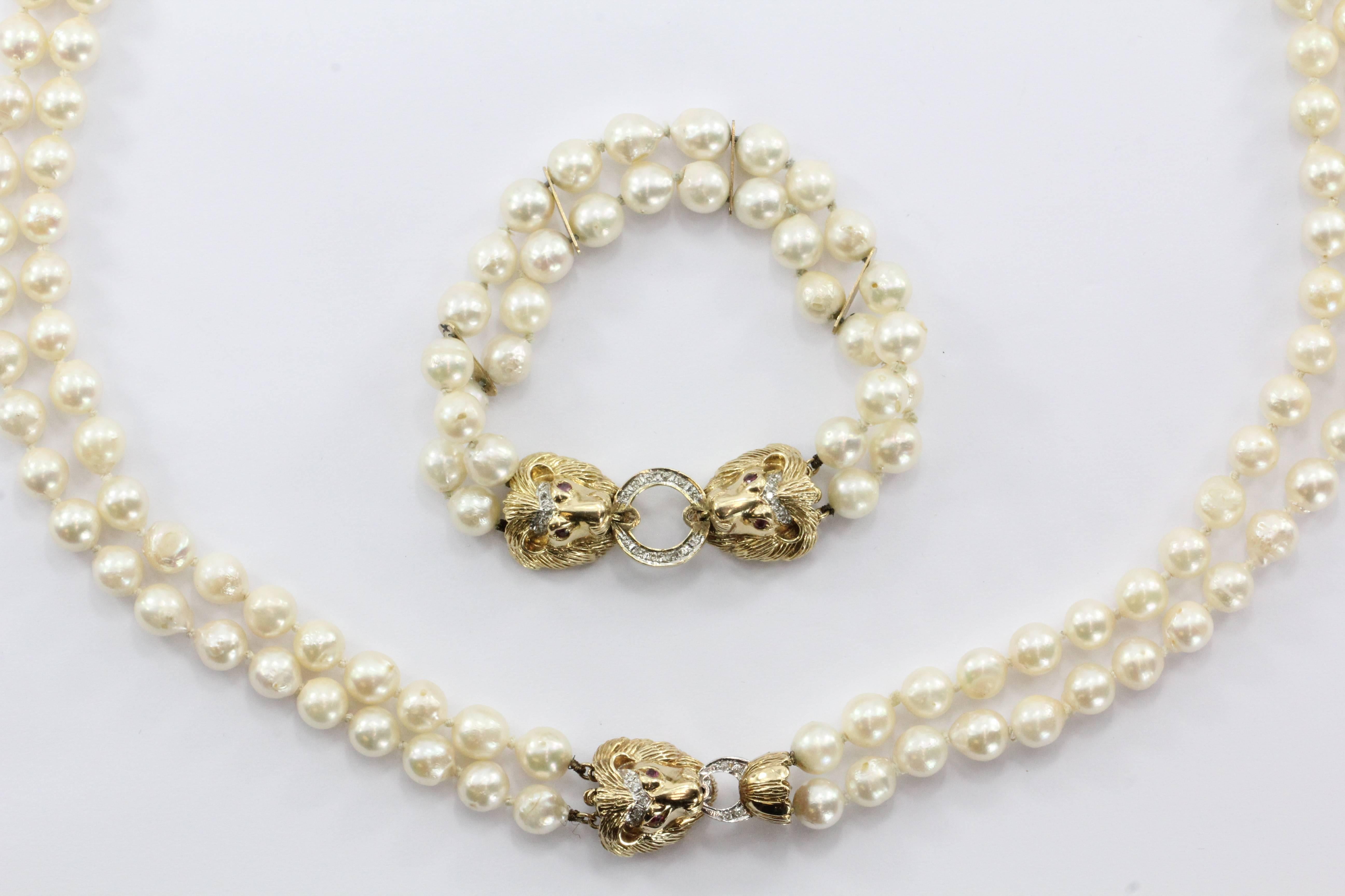 Antique 14K Gold Diamond Ruby Lion Head Double Strand Pearl Necklace & Bracelet