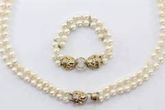 Vintage 14K Gold Diamond Ruby Lion Head Double Strand Pearl Necklace & Bracelet