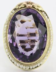 Art Nouveau 16 Carat Amethyst  Seed Pearl Ring