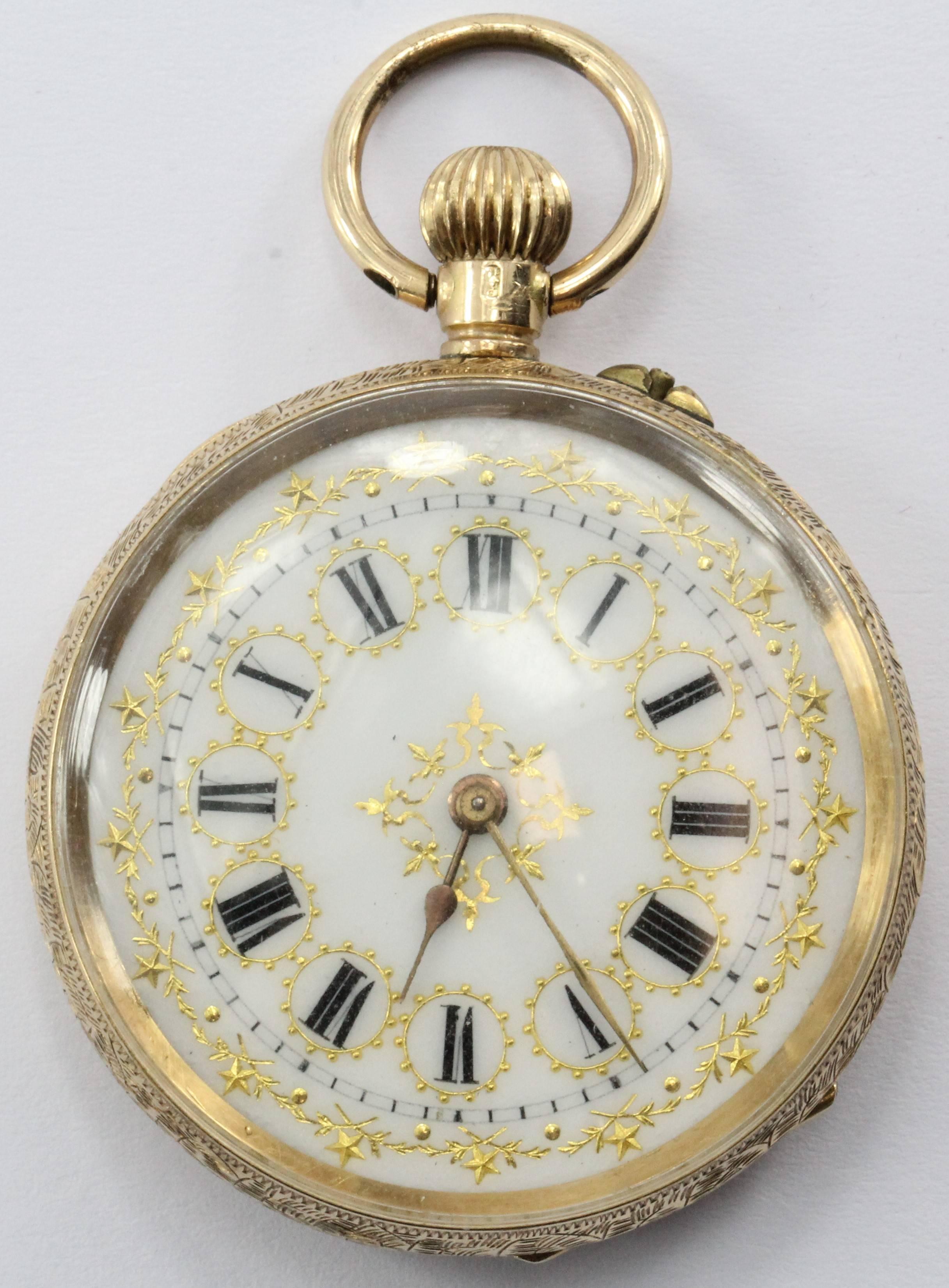 14K Gold Swiss La Chaux-de-Fonds Hand Painted Enamel Pocket Watch Circa 1900 For Sale