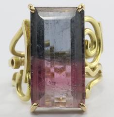 Vintage 14K Gold Post Modern Memphis PoMo Pink Purple Watermelon Tourmaline Ring 1980's
