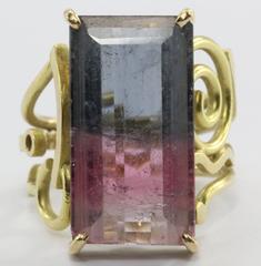 14K Gold Post Modern Memphis PoMo Pink Purple Watermelon Tourmaline Ring 1980's