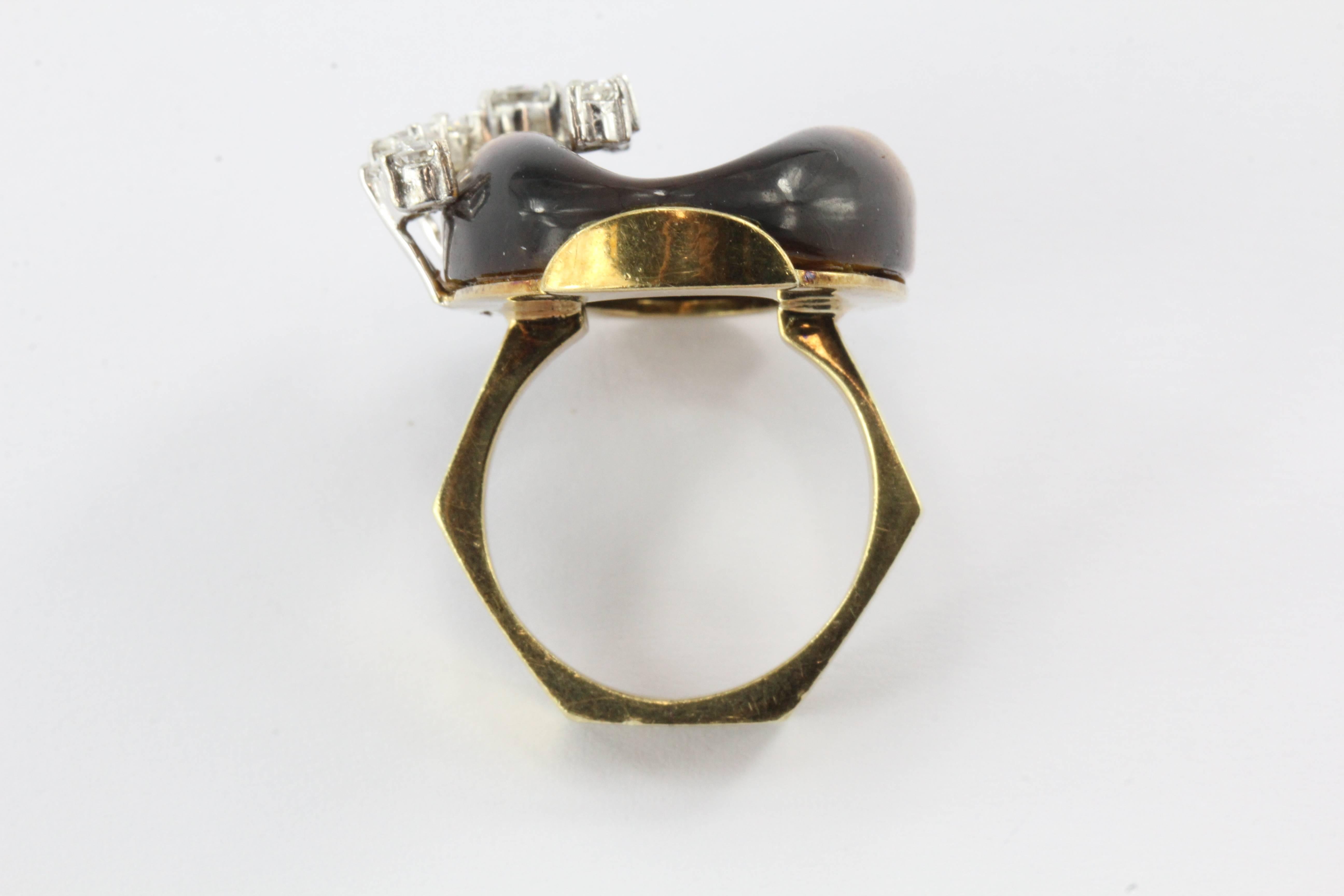 Tiger's Eye Diamond Gold Subtle Snake Ring  In Excellent Condition In Cape May, NJ
