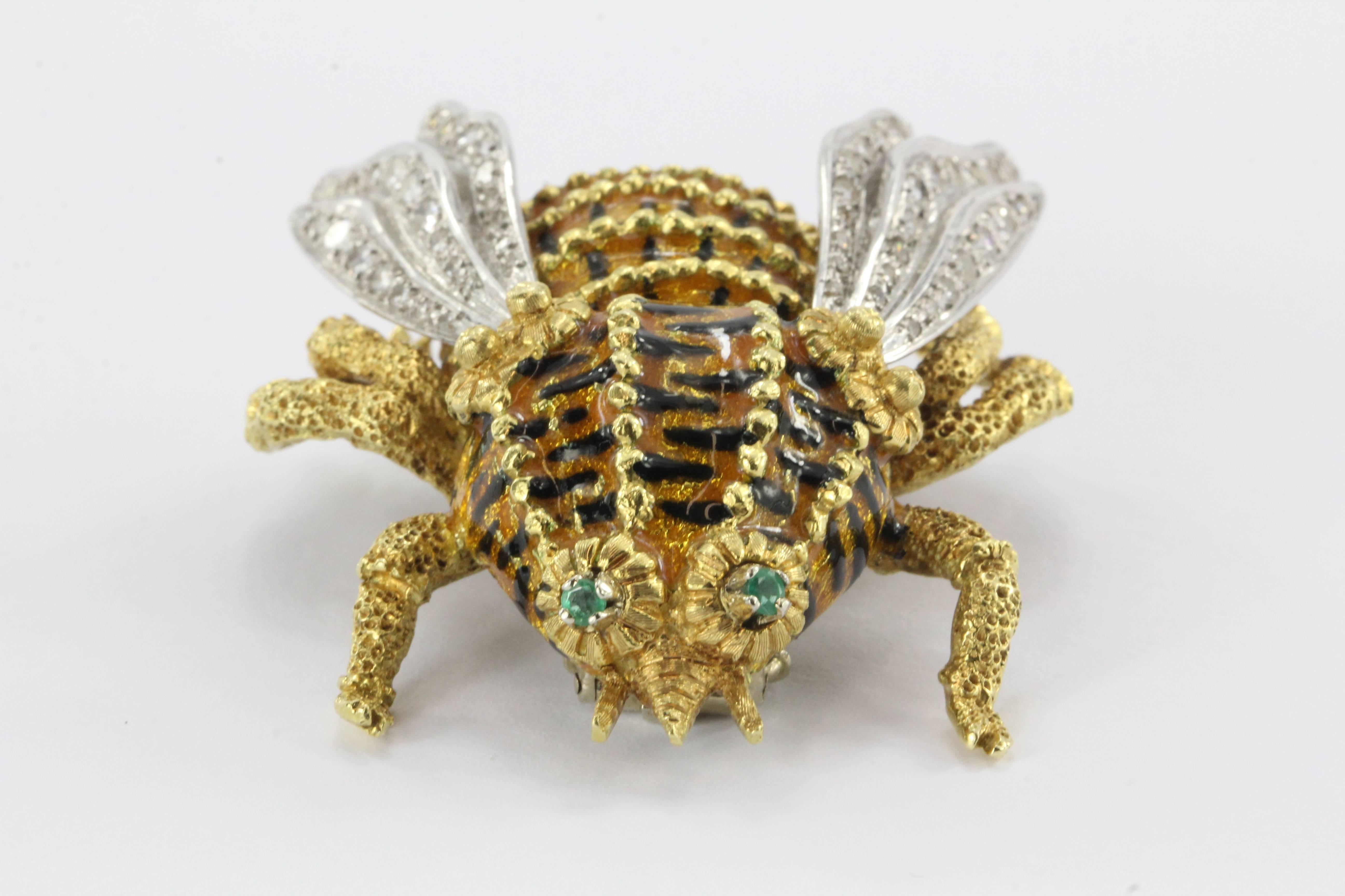 Impressive Handmade Enamel Emerald Diamond Gold Bee Pin 1