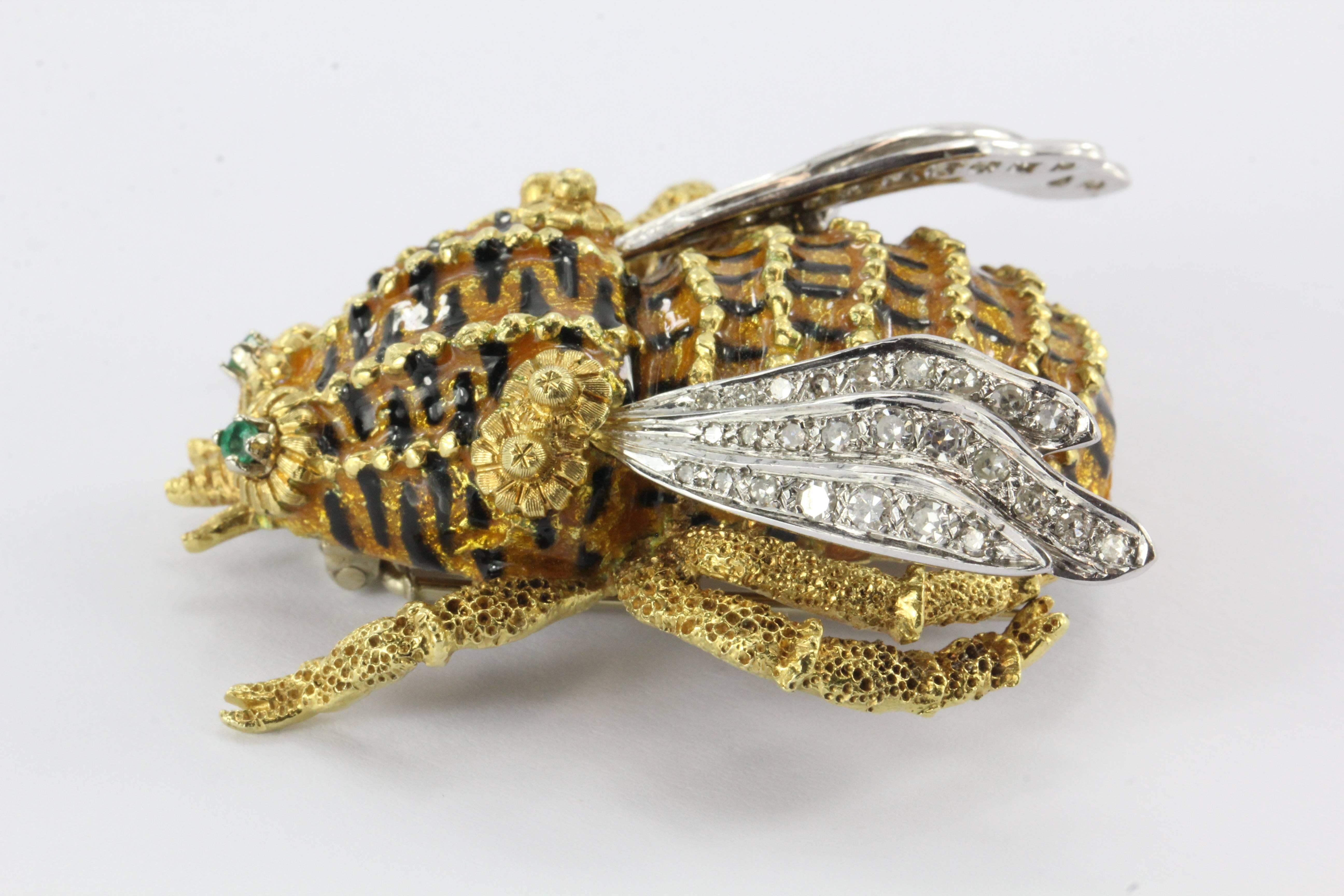 Impressive Handmade Enamel Emerald Diamond Gold Bee Pin 2