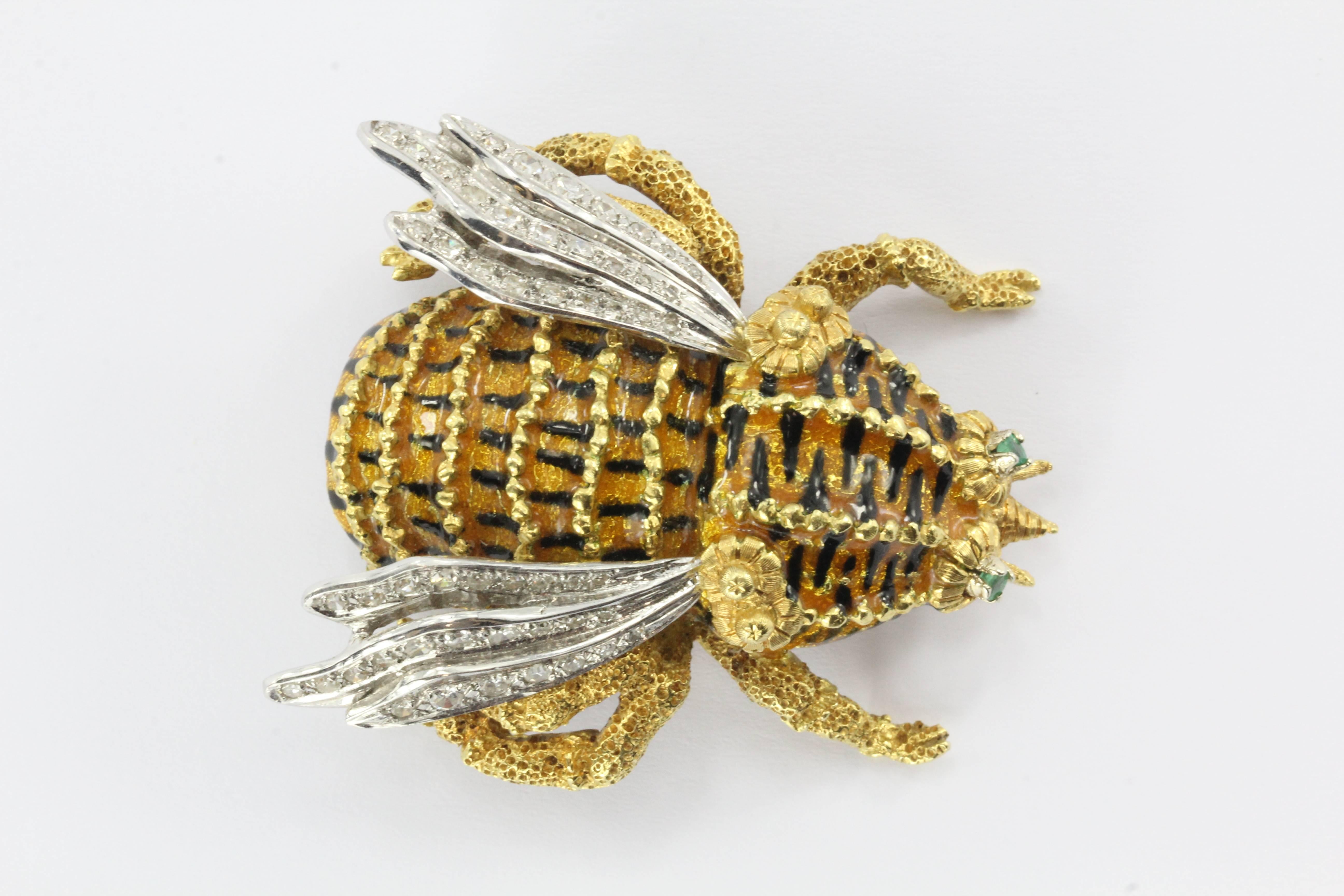 Impressive Handmade Enamel Emerald Diamond Gold Bee Pin 4