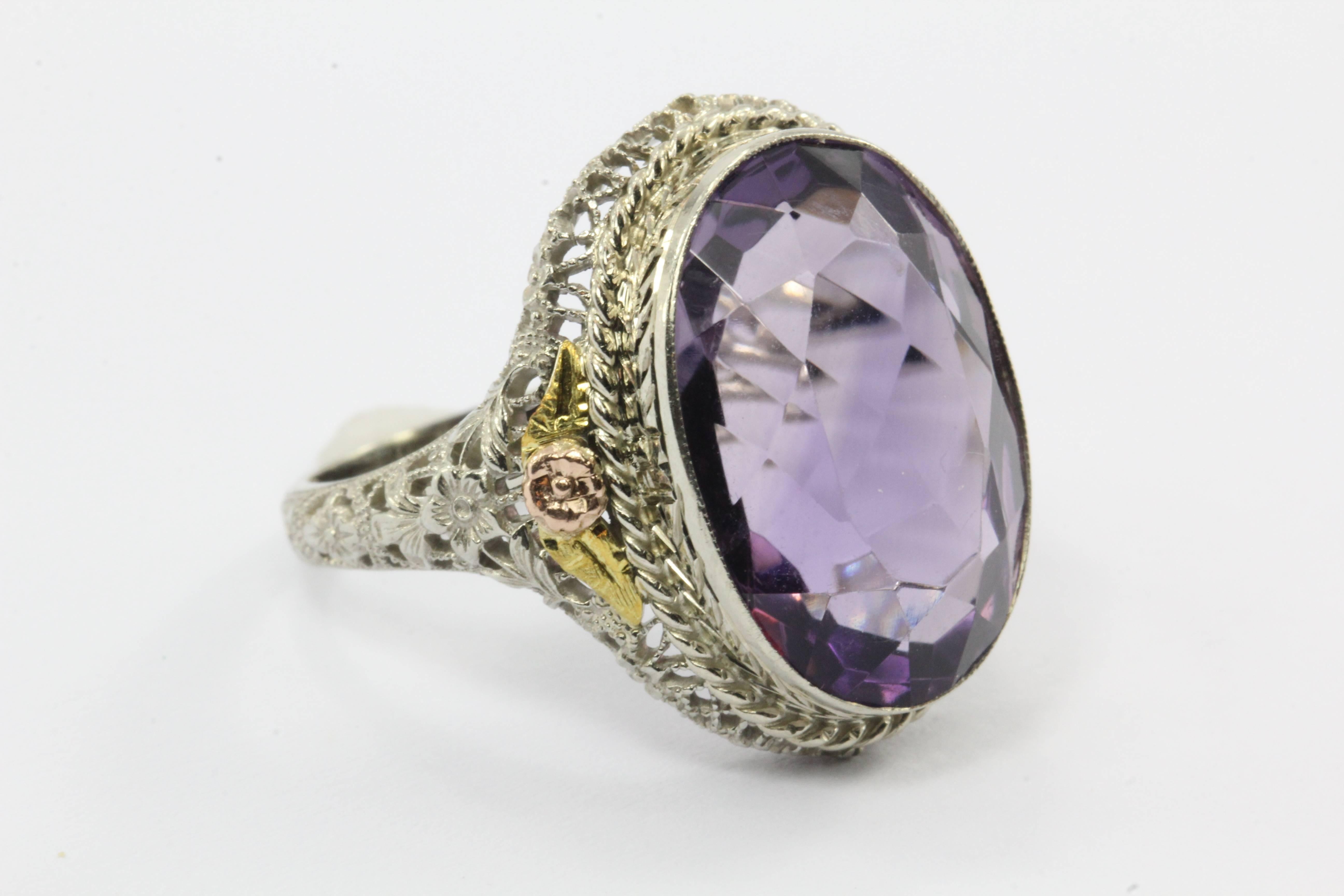 14k Gold and 11 Carat Amethyst Victorian Revival Ring In Excellent Condition In Cape May, NJ