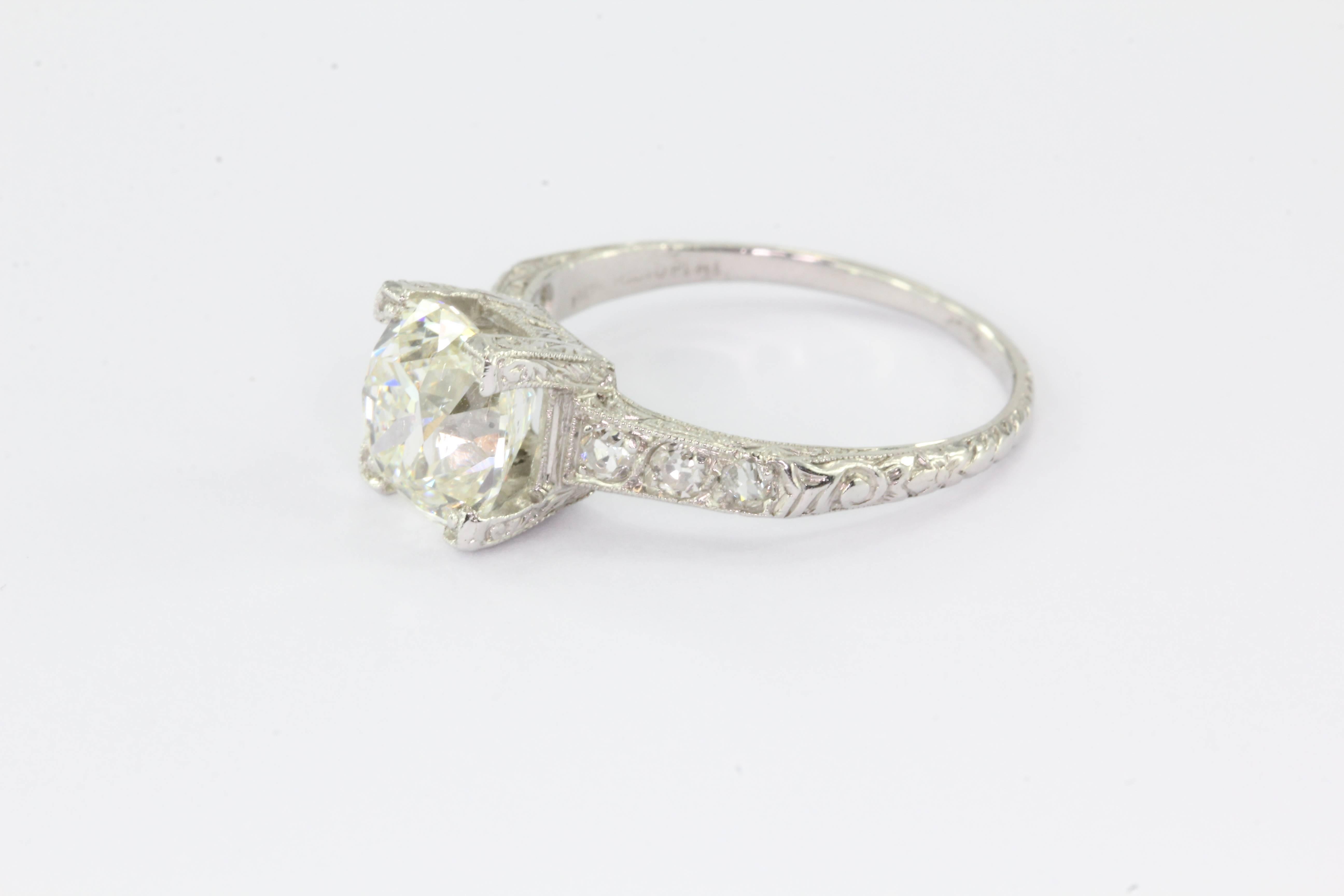 Art Deco 2.27 Carat Old Mine Diamond Platinum Engagement Ring In Excellent Condition In Cape May, NJ