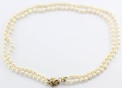Vintage 14K Gold Diamond Ruby Lion Head Double Strand Pearl Necklace