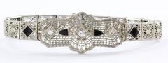 Antique 18K Gold Art Deco Diamond & Onyx Filigree Bracelet Circa 1920's