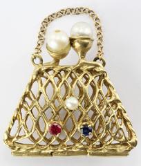 14K Gold Woven Sapphire, Ruby, Pearl Purse Pendant / Charm