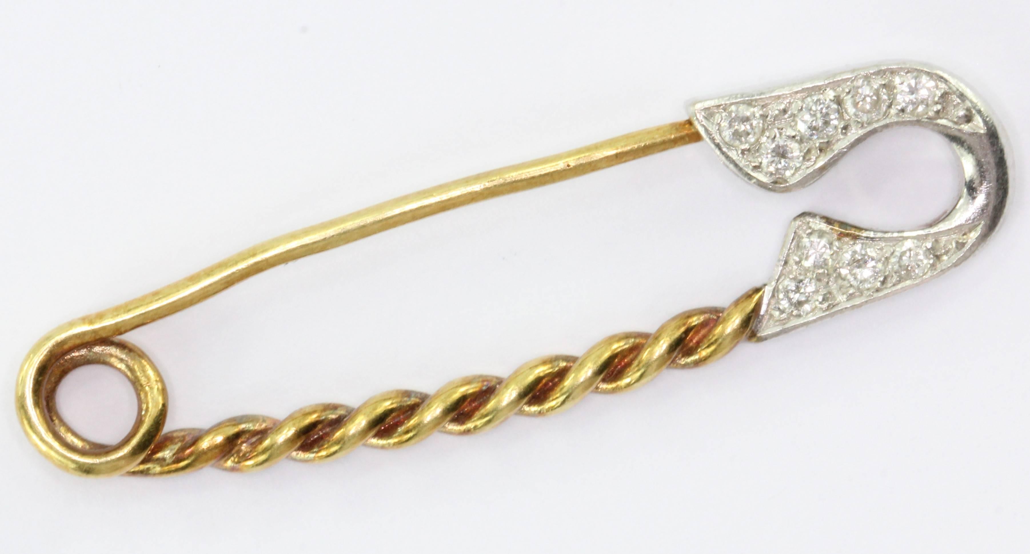 14K White 
Yellow Gold Diamond Safety Pin Brooch