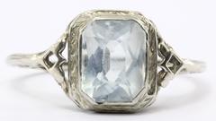 Antique Art Deco 14K White Gold & Aquamarine Ring Circa 1920