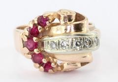Retro Moderne 14K Rose Gold Diamond & Ruby Ring Circa 1930's
