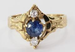 14K Yellow Gold Victorian Revival Natural Sapphire Diamond Ring