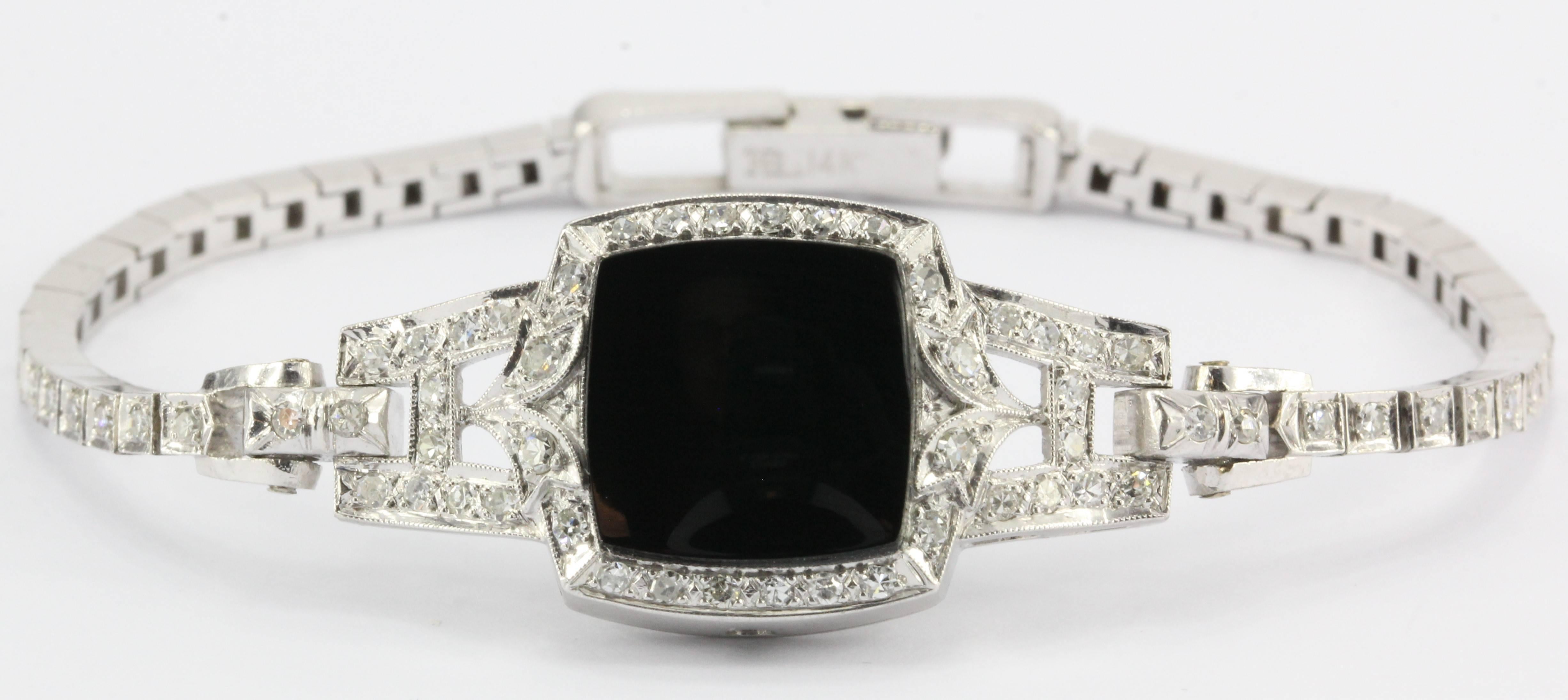 Art Deco Platinum White Gold Diamond Onyx Conversion Bracelet kaspar & Esh