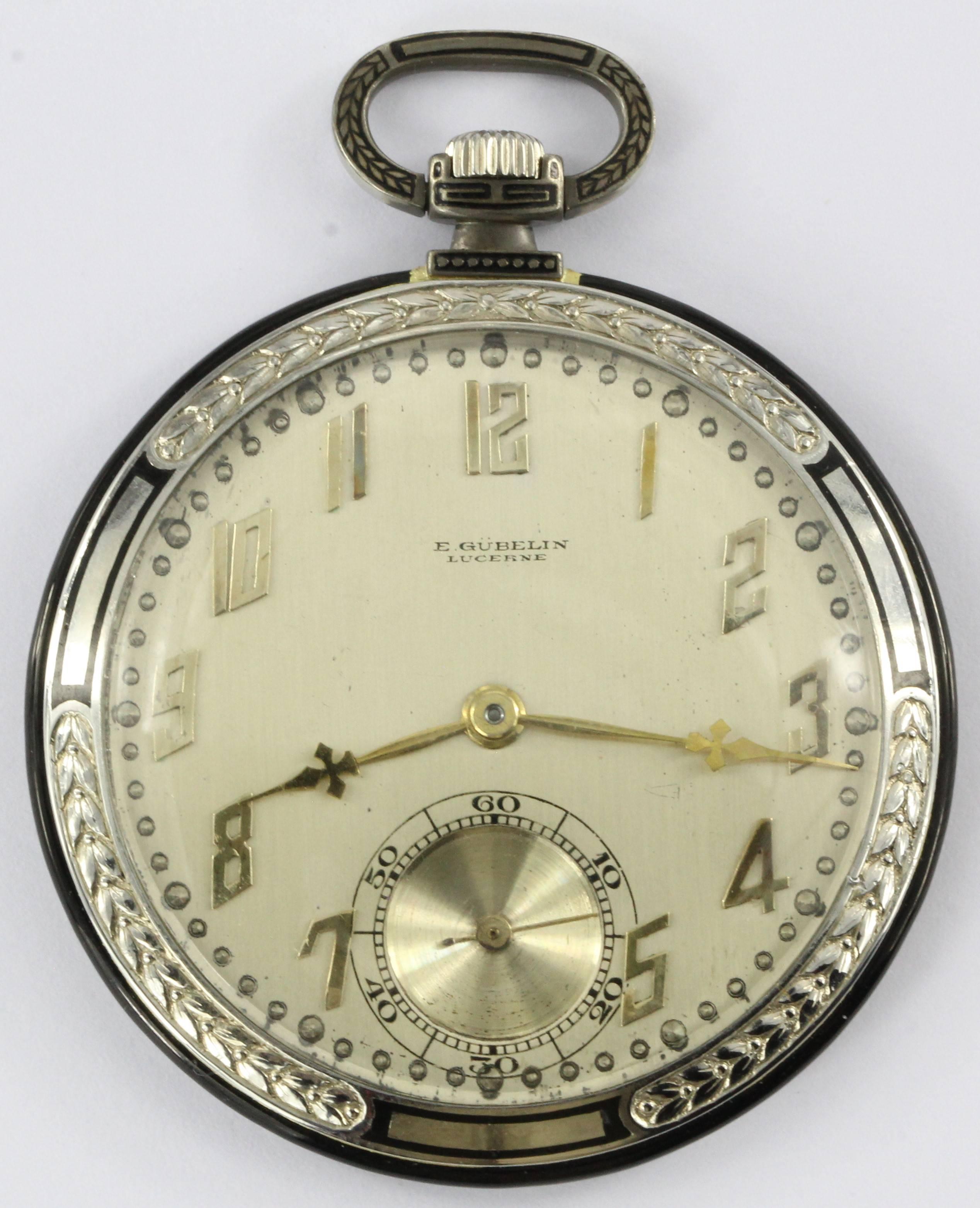 Art Deco White Gold Black Enamel Ultra Thin Gubelin Pocket Watch c.1924