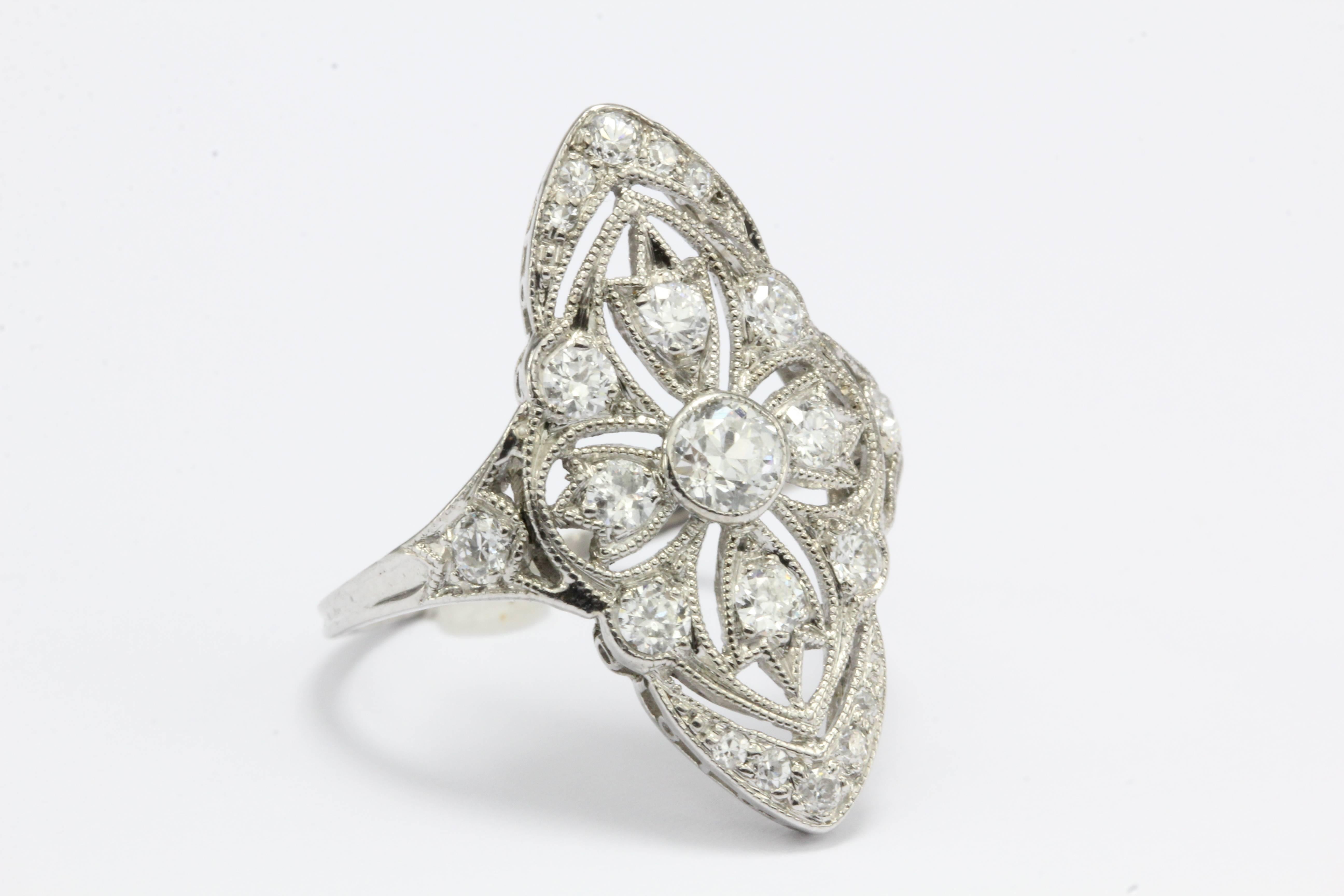 Art Deco Filigree Old European Cut Diamond Platinum Ring In Excellent Condition In Cape May, NJ