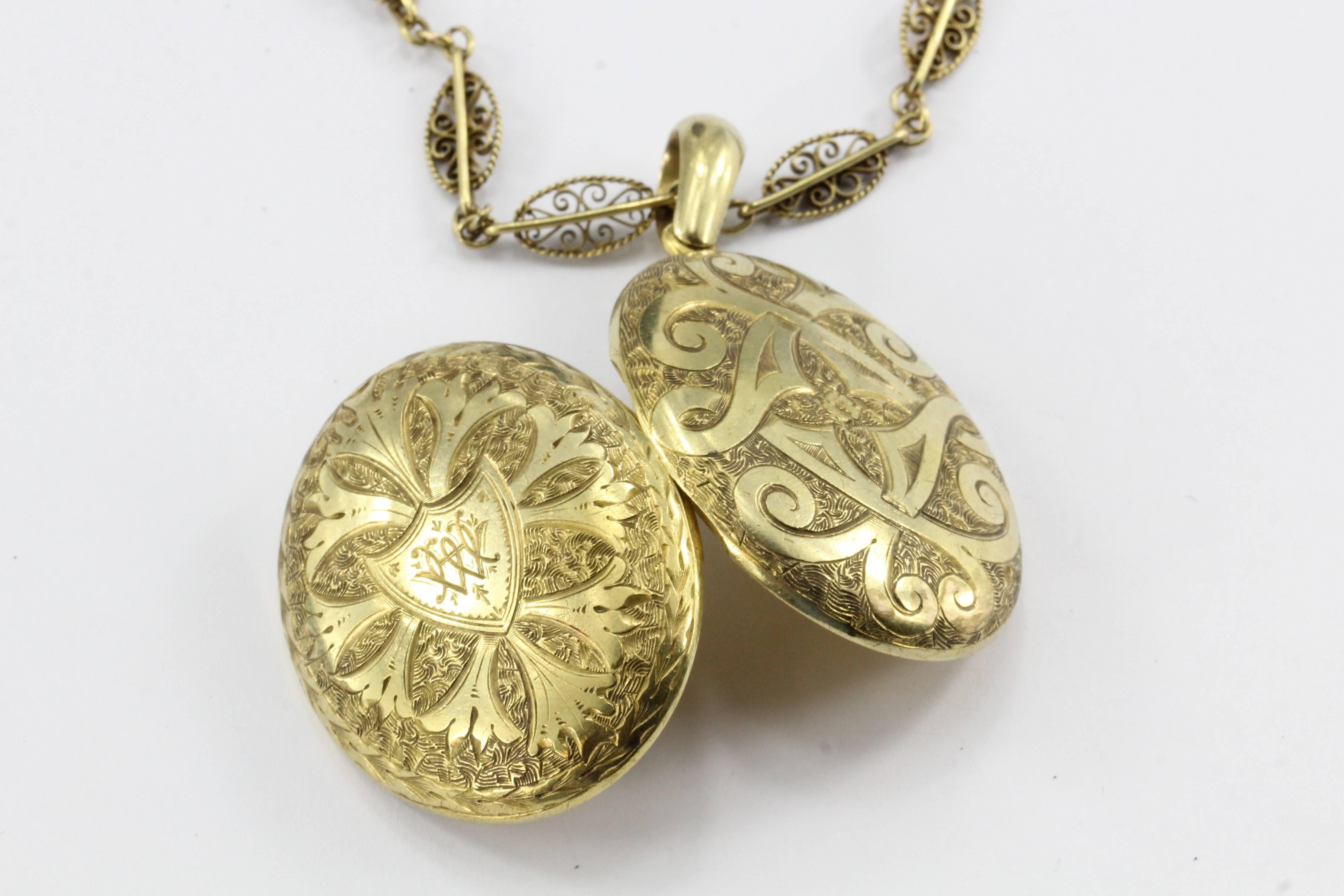 Women's Victorian Gothic Revival Oval Gold Locket and Filigree Necklace, circa 1890