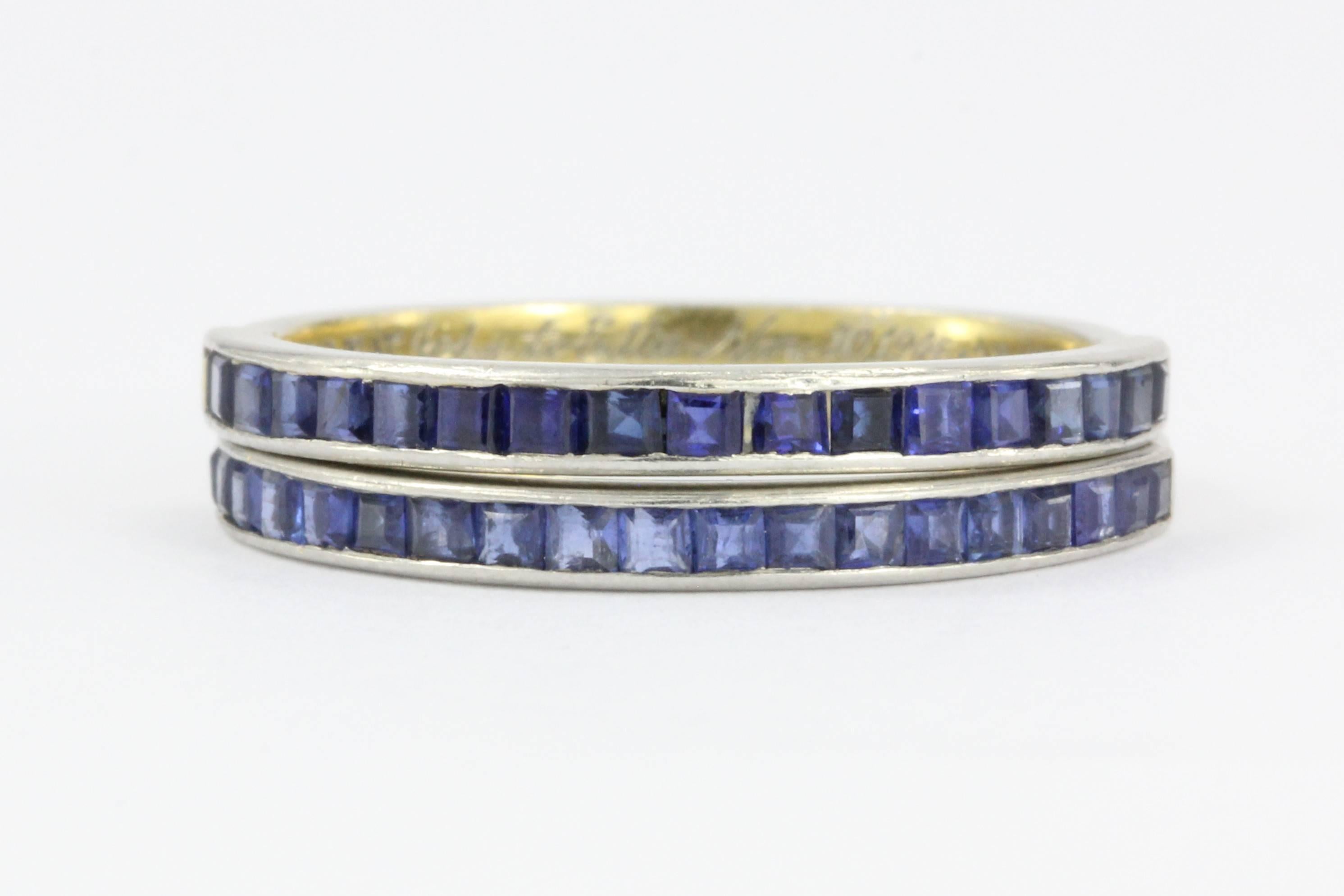 Tiffany & Co Platinum Sapphire Half Eternity Band Rings Pair c.1945

Fantastic  & Charming Love Tested Post WWII Survivors. These rings are in fantastic condition and ready to wear. They are both signed Tiffany & Co Irid.Plat. and