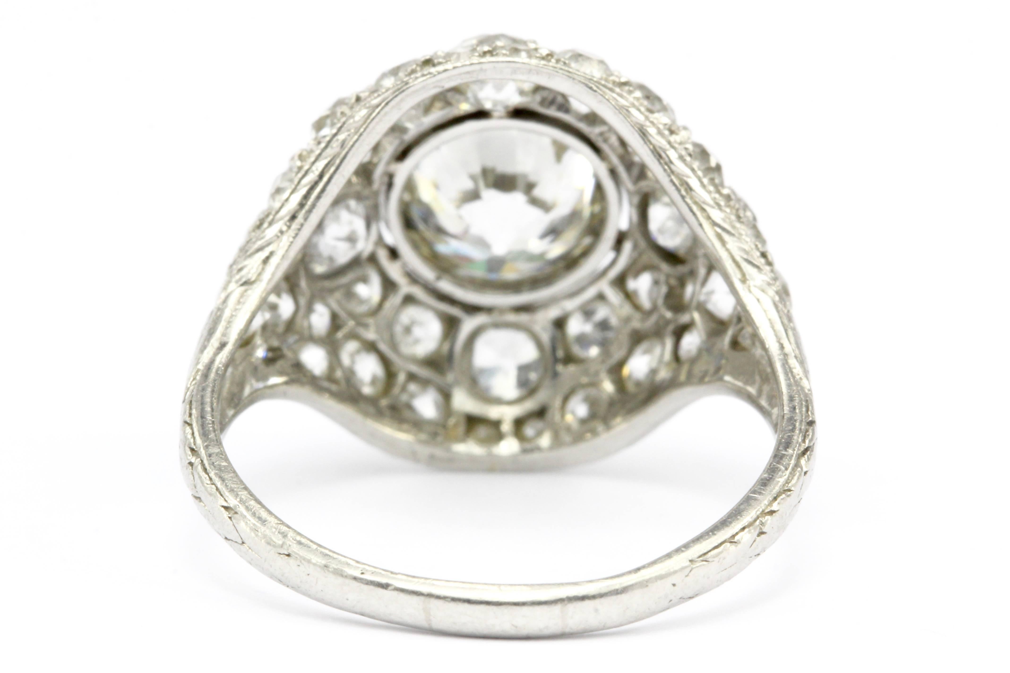 Women's Art Deco Platinum 1.71 Old European Cut Diamond Halo Ring, circa 1920 For Sale