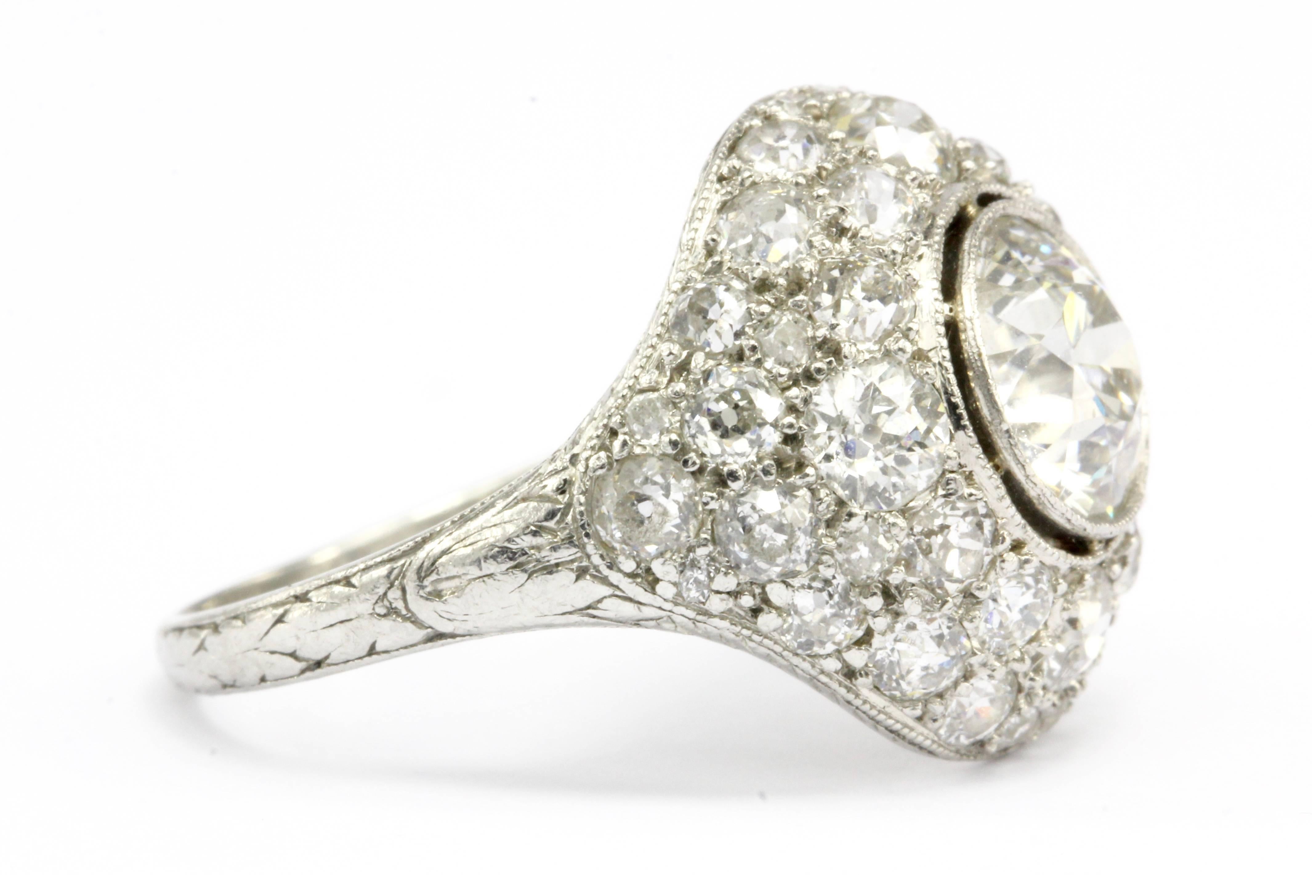 Art Deco Platinum 1.71 Old European Cut Diamond Halo Ring, circa 1920 In Excellent Condition For Sale In Cape May, NJ