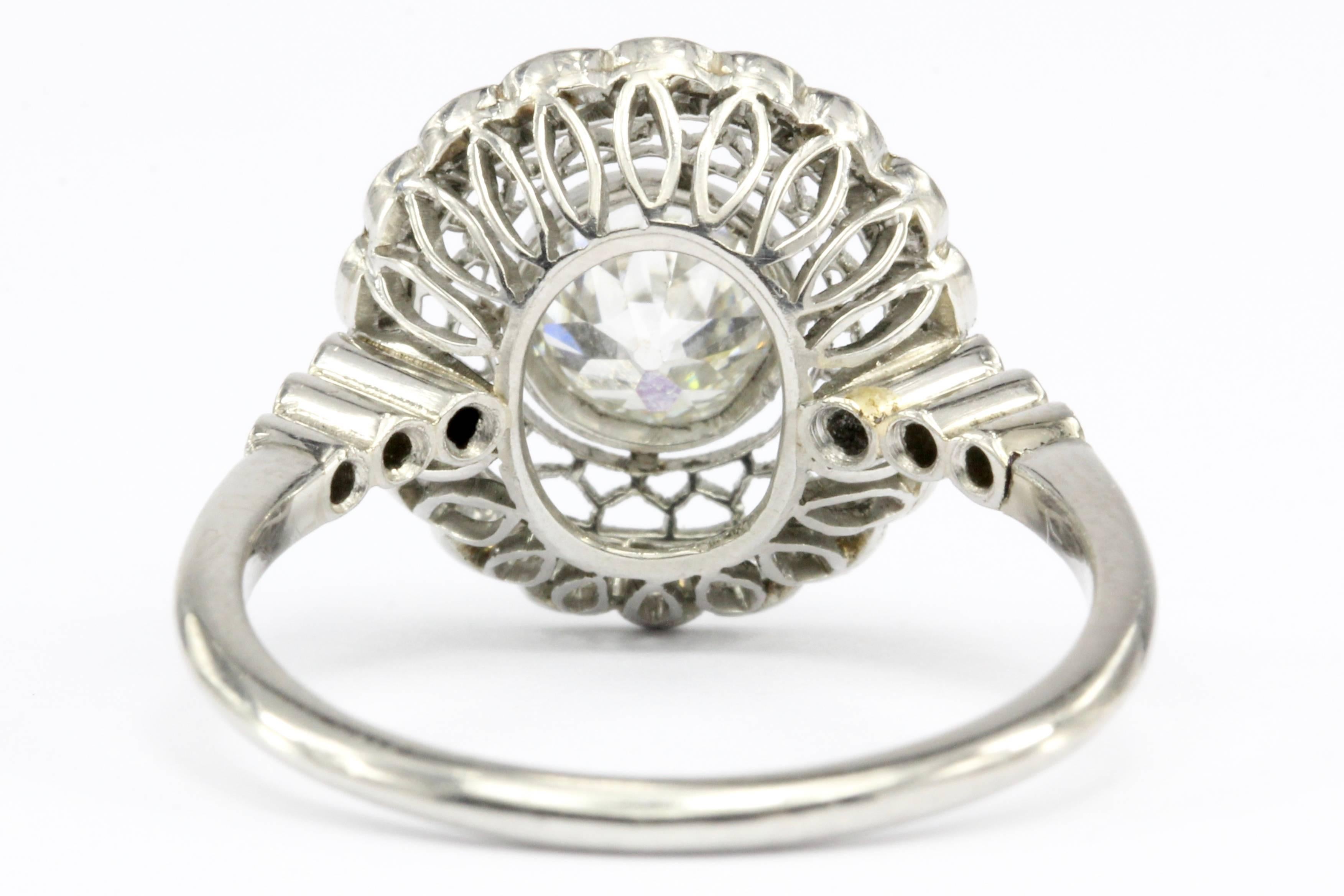 Handmade Platinum Old European Cut Diamond Halo Ring In Excellent Condition In Cape May, NJ